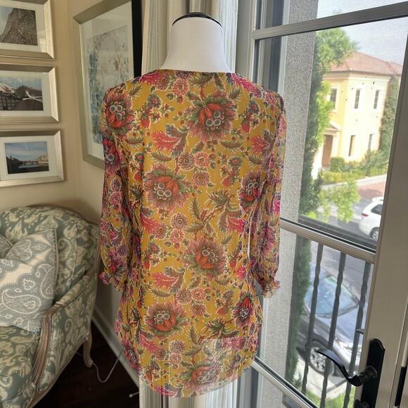 Anthropologie Gretchen Smocked Tunic Top Boho Mustard Floral Mesh Fabric US XS - Picture 3 of 9